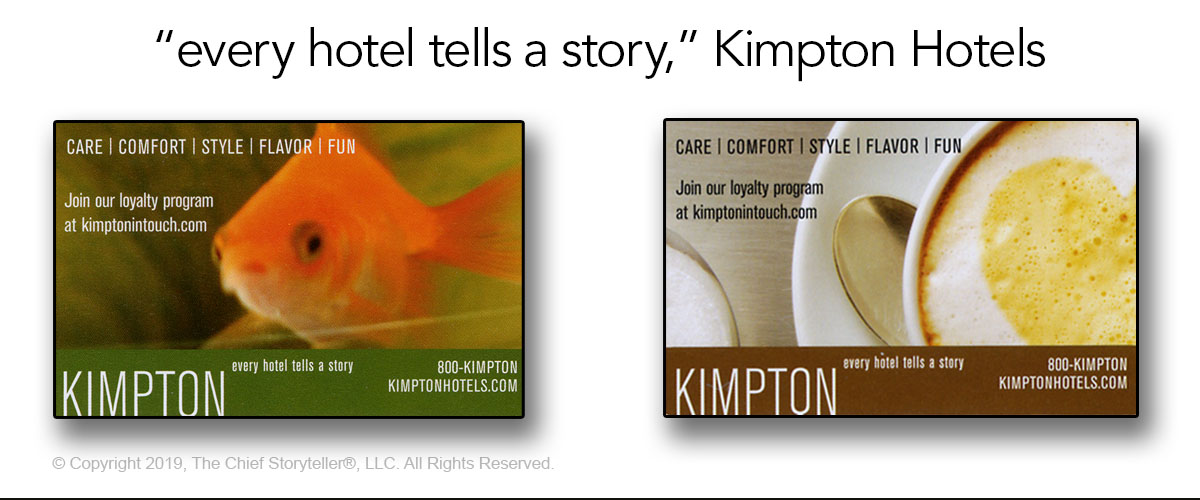 kimpton hotels message, every hotel tells a story, on all branding materials