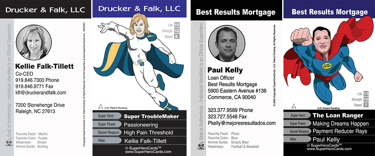superhero business cards, two examples, front and back