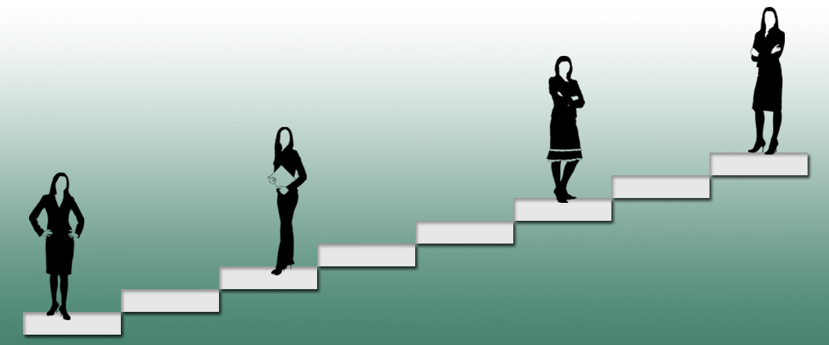 left to right, steadily climbing boxes to show progression of experience and responsibility, four silhoutte black and white executive women are on top of four boxes, starting at the first and skipping every two