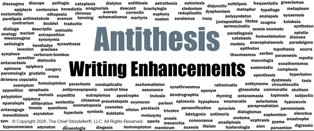Word cloud of hundreds of figures of speech. This is for antithesis on our blog, for what we call writing enhancements, category of order and arrange.
