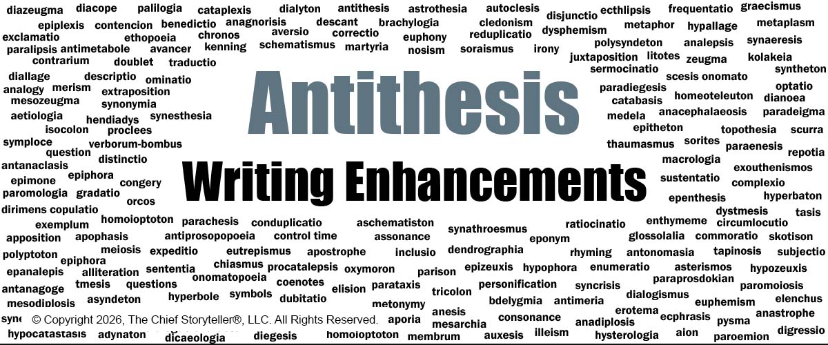 Word cloud of hundreds of figures of speech. This is for antithesis on our blog, for what we call writing enhancements, category of order and arrange.