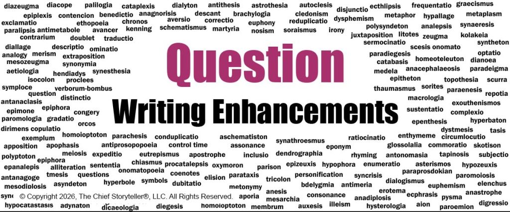Word cloud of hundreds of figures of speech. This is for the writing enhancement, Question, which is in the category of Anticipate and Persuade.