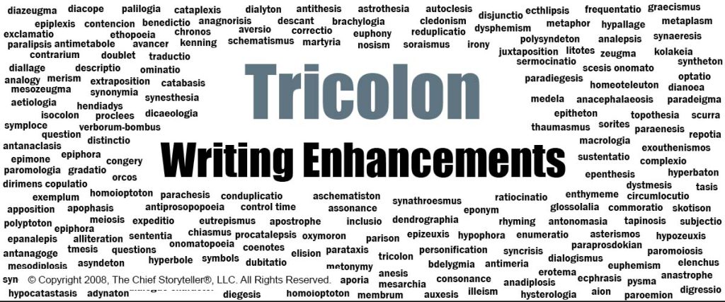 Word cloud of hundreds of figures of speech. This is for tricolon on our blog, for what we call writing enhancements, category of order and arrange.