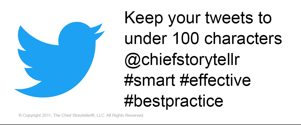 the chief storyteller tip of the week on our blog with twitter bird icon and sample tweet with hashtags