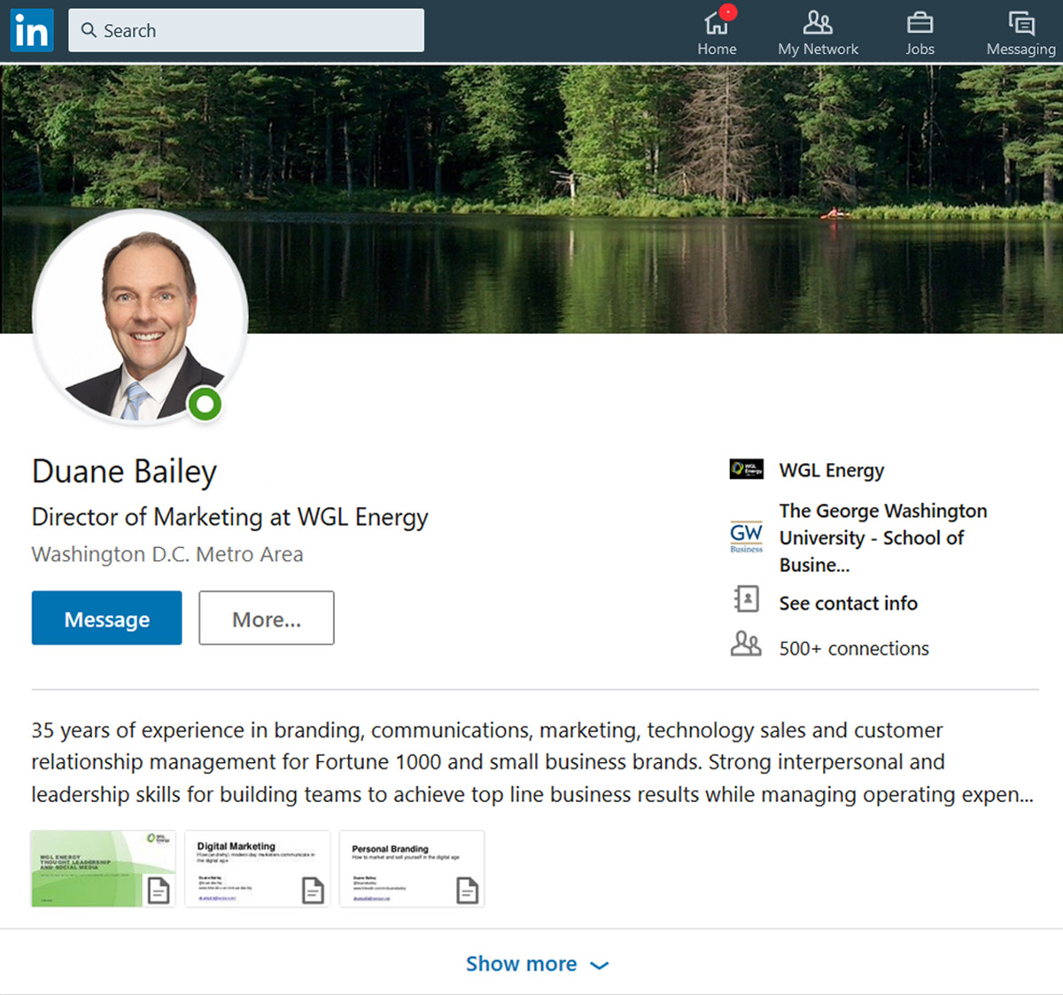 personal branding of linkedin profile, picture of duane's profile and background