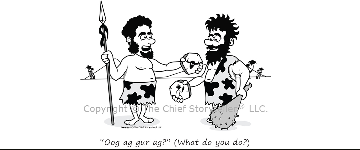 business cartoon illustrating humor with two cavemen exchaning rock business cards, asking what do you do