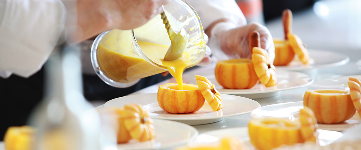 we eat with our eyes - our perception leads us - master chefs prepare pumpkin soup
