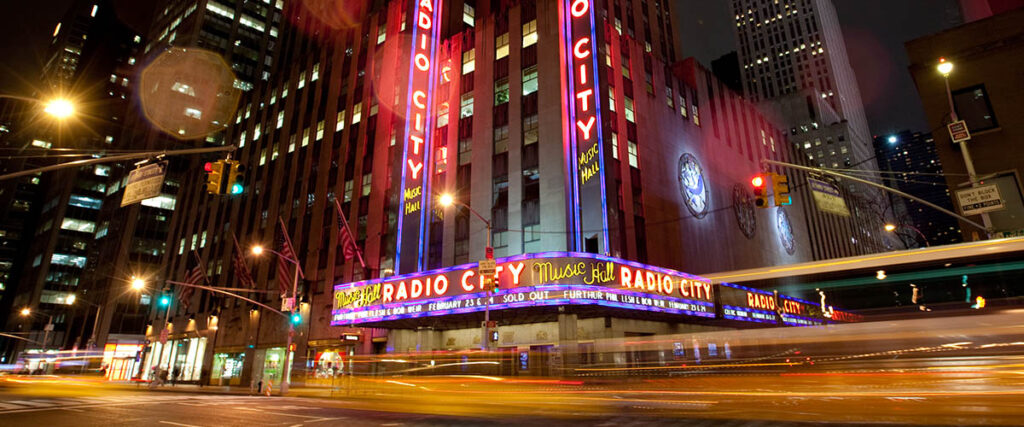 Radio City Music Hall lit up at night