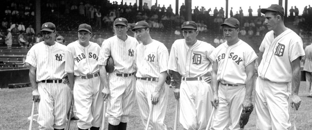 black and white, from 1937 baseball all stars, 7 players from different teams, in front of official photographer