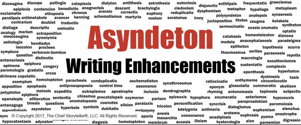 word cloud of hundreds of figures of speech. This is for asyndeton on our blog, for what we call writing enhancements, category of amplify and intensify