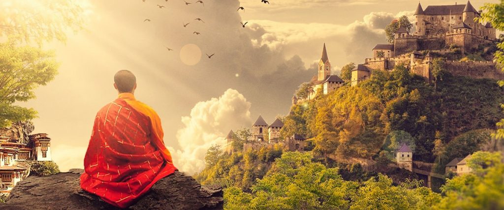 monk contemplating life with a large monastery in the distance, expansive and gorgeous scenery, demonstrating the importance of listening and keeping your tea cup empty
