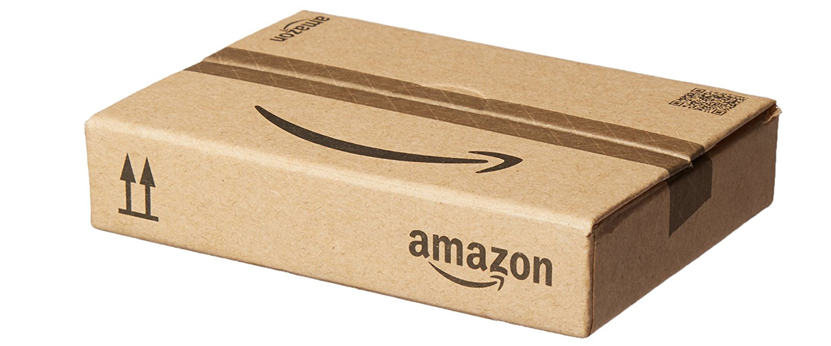 amazon shipping cardboard box brown, with amazon name and logo