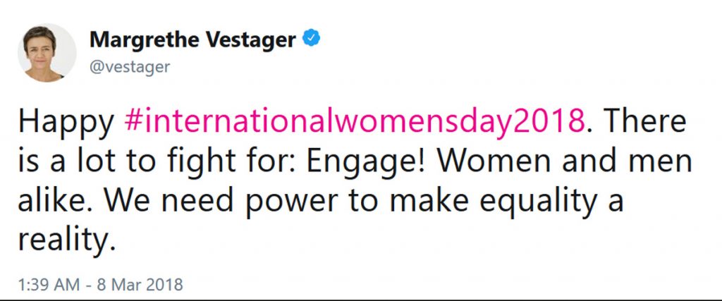 celebrate international women's day - tweet from Margrethe Vestager, European Commissioner for Competition