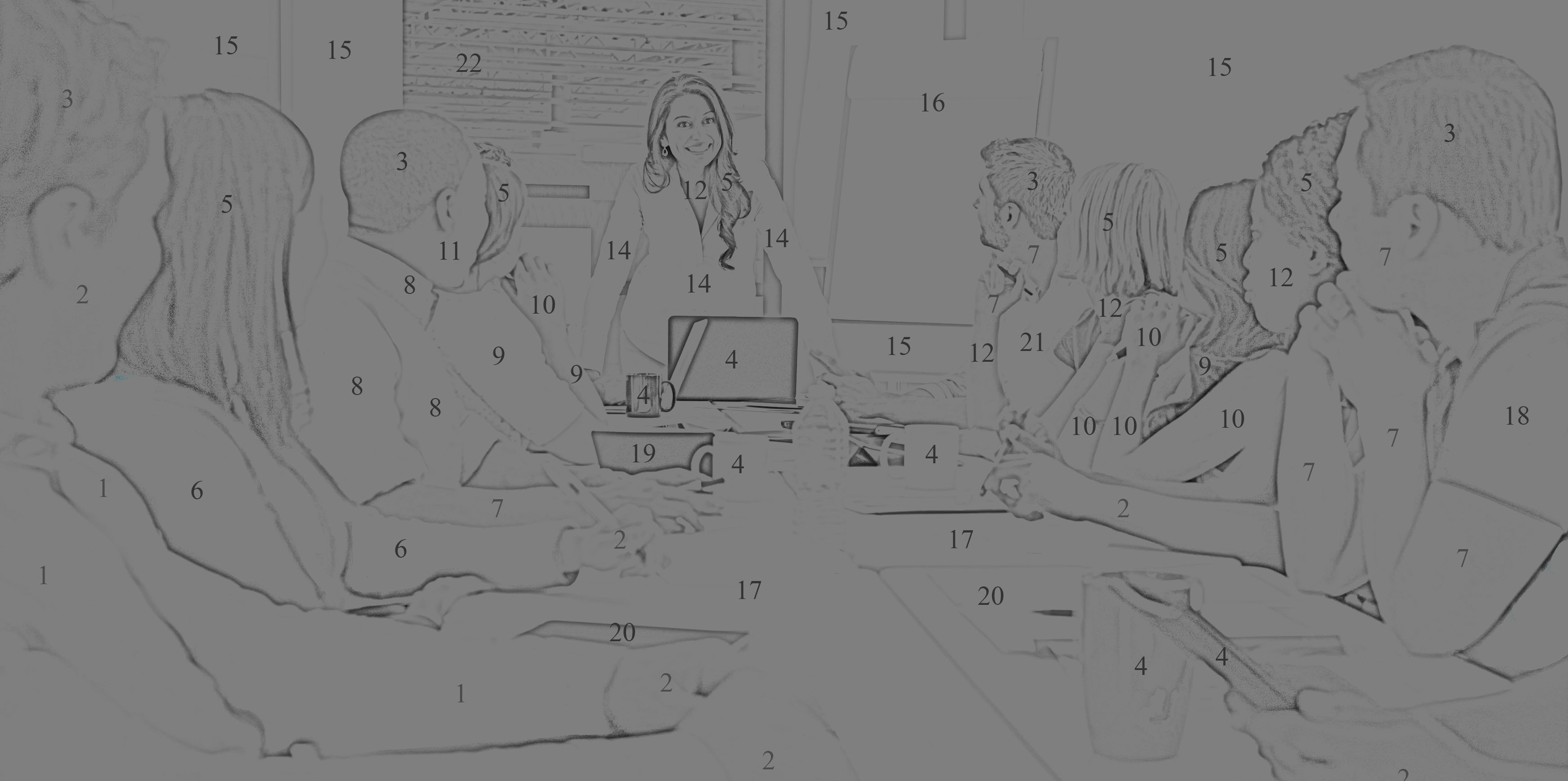 paint by numbers using a conference room with a female executive presenting and storytelling with data