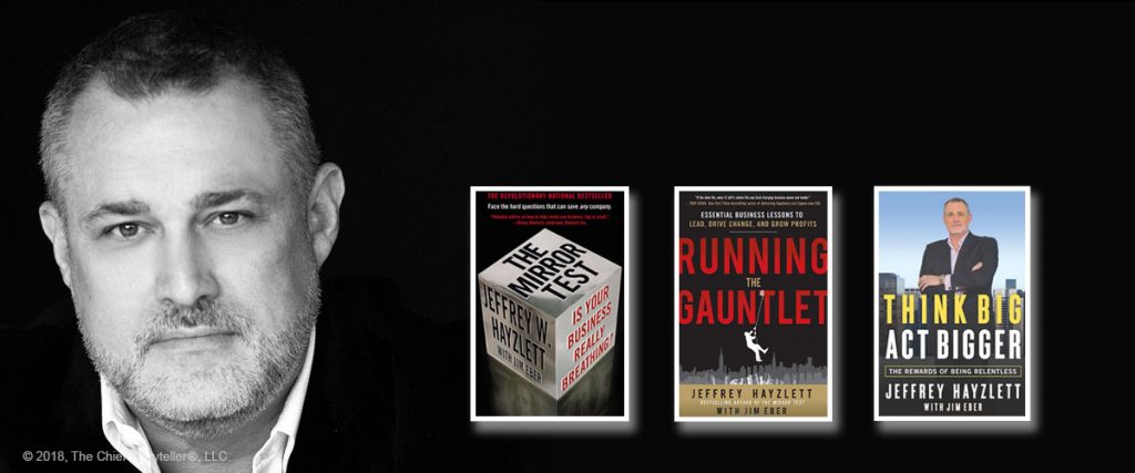 headshot, black and white of Jeffrey Hayzlett, three book covers including Think Big, Act Bigger