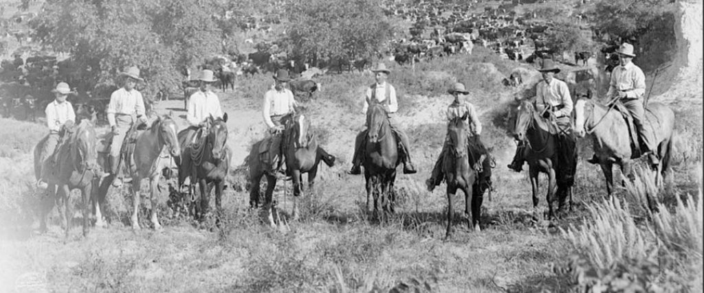 cowboy slang, lingo, jargon, black and white photograph from circa 1901 of cowboys sitting on horses looking directly into camera