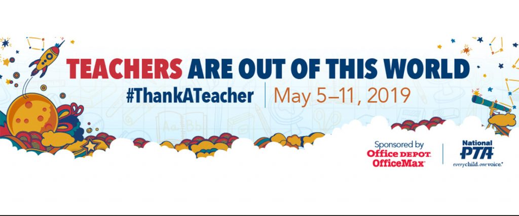 happy teacher appreciation week with fun icons and celebratory rockets and fireworks for national teacher appreciation week 2019