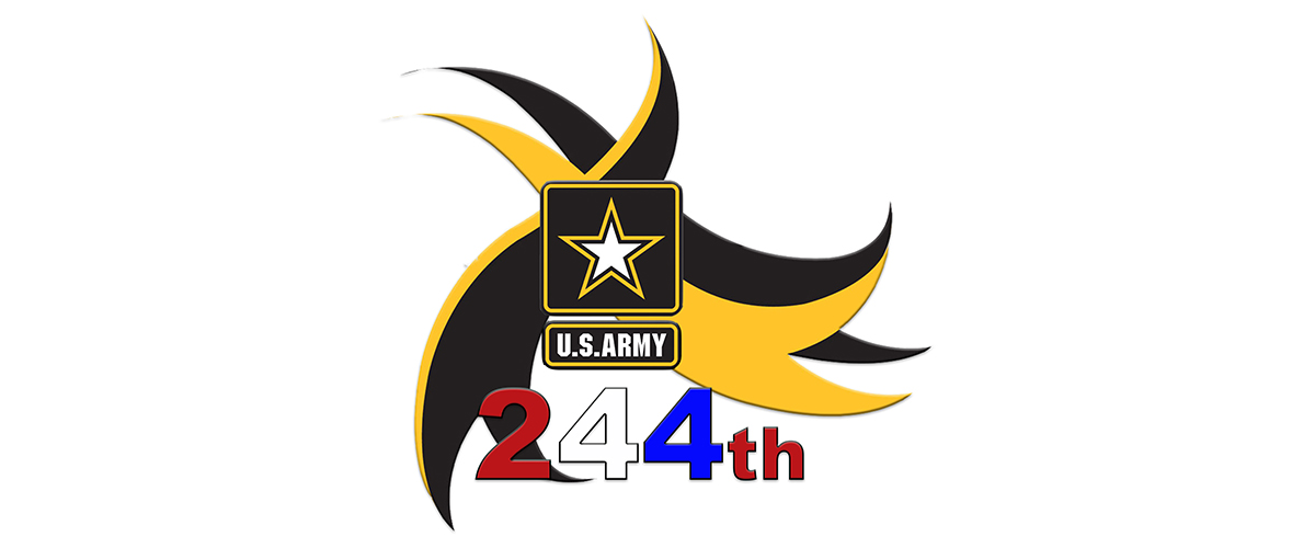 happy 244th birthday US Army - logo with red, white, and blue text of 244th