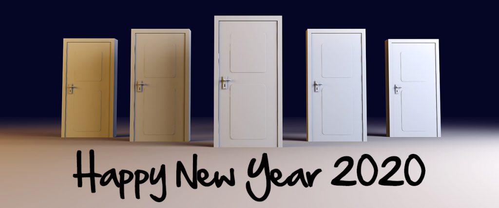 milton berle quote on opening your own doors, showing five doors for new year in 2020