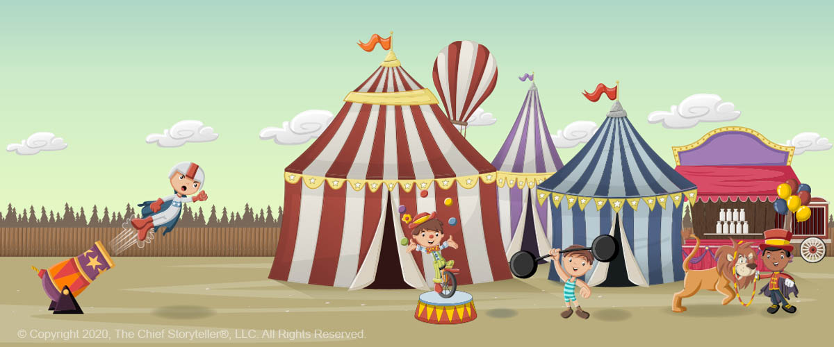 cartoon of circus with tents, rides, and various child performers, canon, strongman, juggler, lion tamer