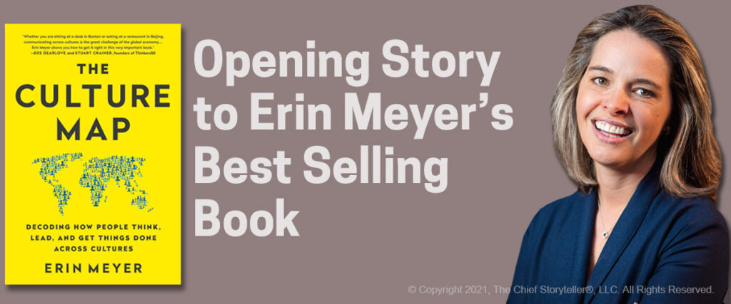 Culture Map image of book cover, text of opening story, and headshot for author Erin Meyer