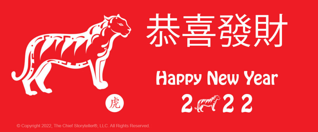 happy chinese lunar new year 2022 year of the tiger, white text on red background