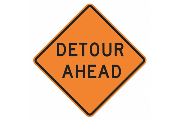 detour ahead sign, orange with black text