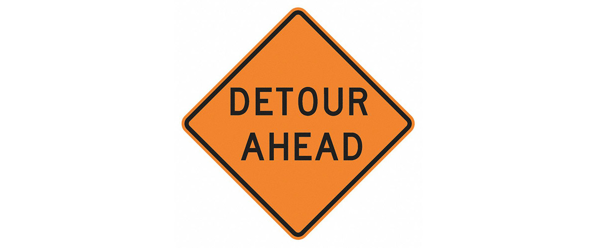 detour ahead sign, orange with black text