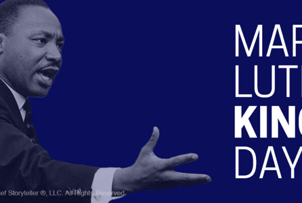 Dr. Martin Luther King on the Mall in Washington, DC. Stylized image, dark blue, with MLK Day in bold letters