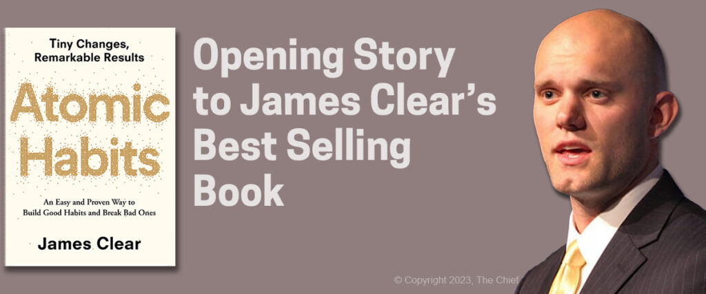 Atomic Habits image of book cover, text of opening story, and headshot for author James Clear