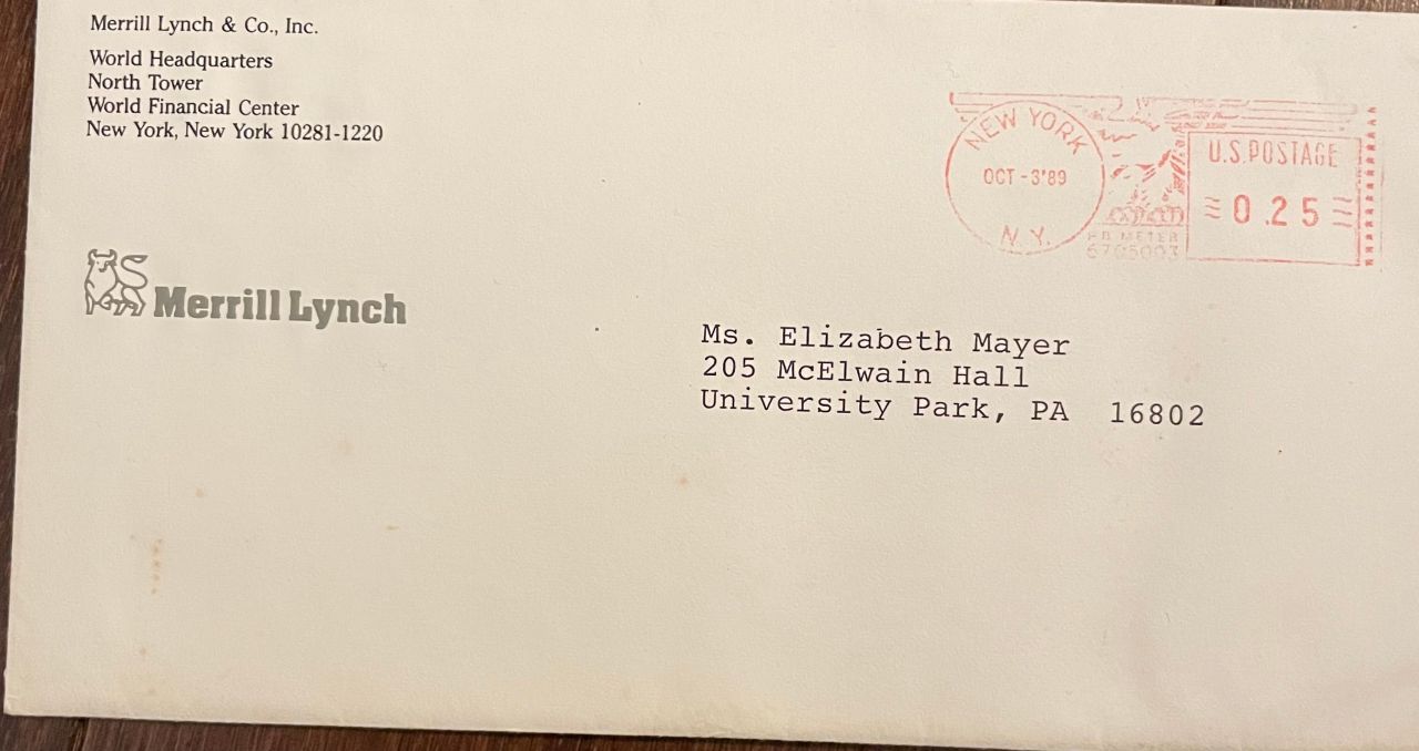 elizabeth example of a perfect symbol story -- original envelope from 1989