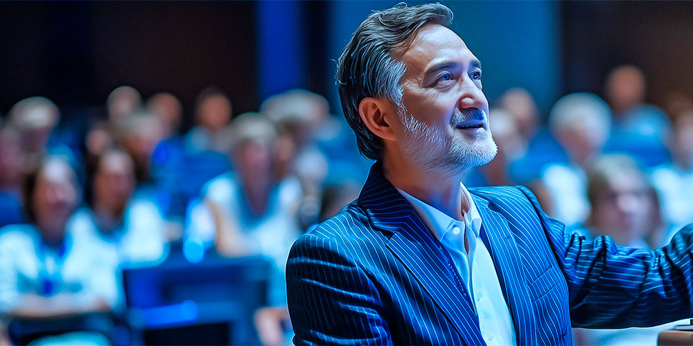 conference presentation services showing three part image of male executive speaker, this is the middle