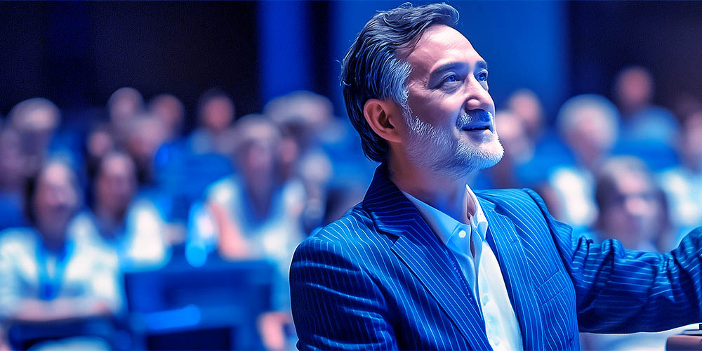 M&A communication coaching services showing three part image of male executive founder speaking to investors, this is the middle